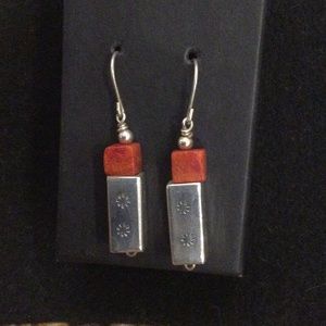Native American Coral and sterling silver dangle earrings